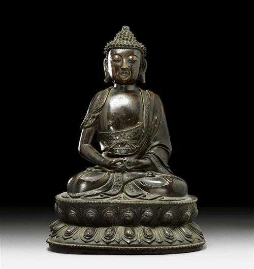 Appraisal: BUDDHA SHAKYAMUNI China th century H cm Dark patinated bronze