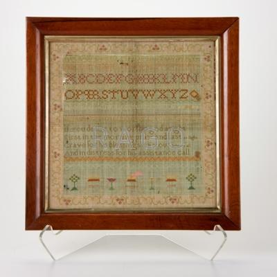 Appraisal: ENGLISH SAMPLER Framed needlework by Mary Brumby Silk on linen