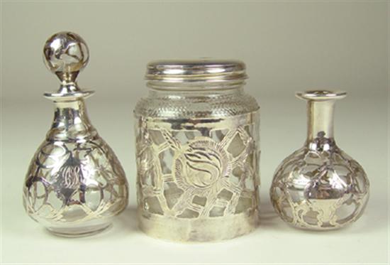 Appraisal: Three Sterling Overlay Glass Pieces Two perfume bottles and one