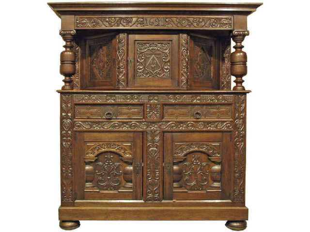 Appraisal: Massive antique carved oak court cupboard heavily scroll carved with