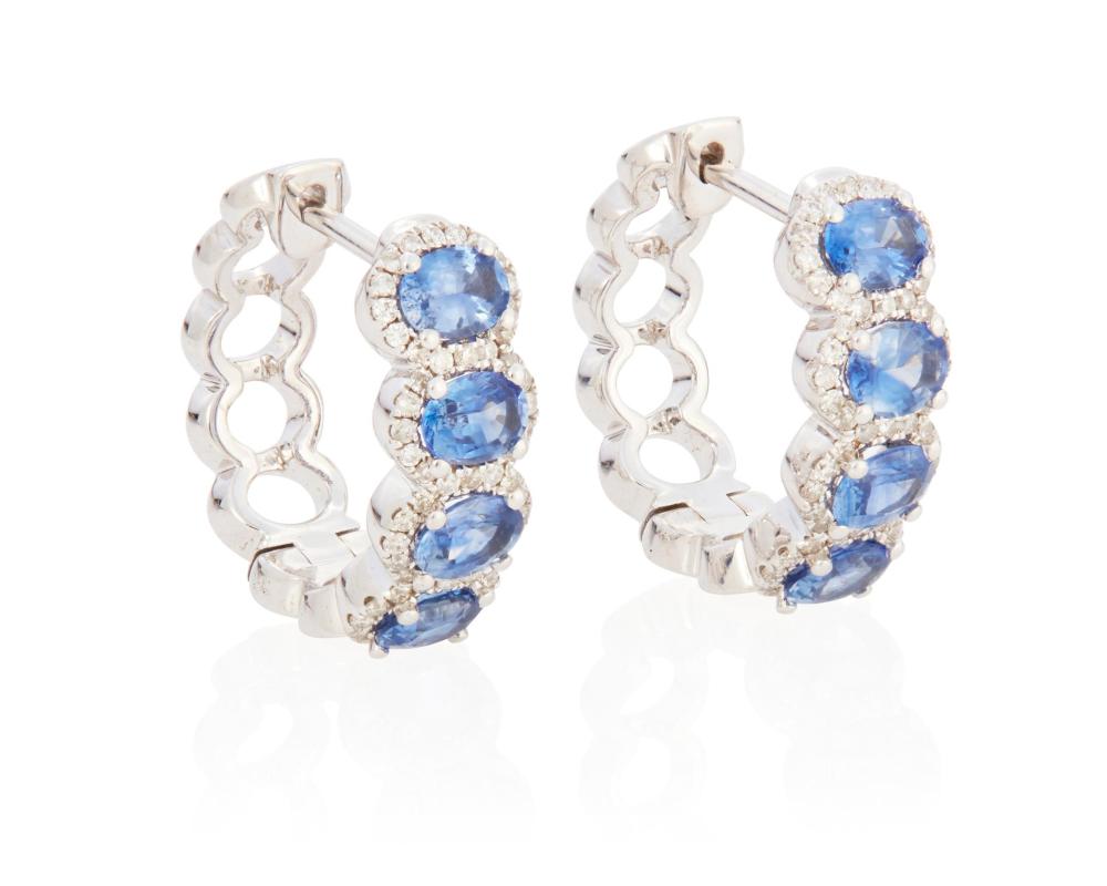 Appraisal: A PAIR OF SAPPHIRE AND DIAMOND HOOP EARRINGSA pair of