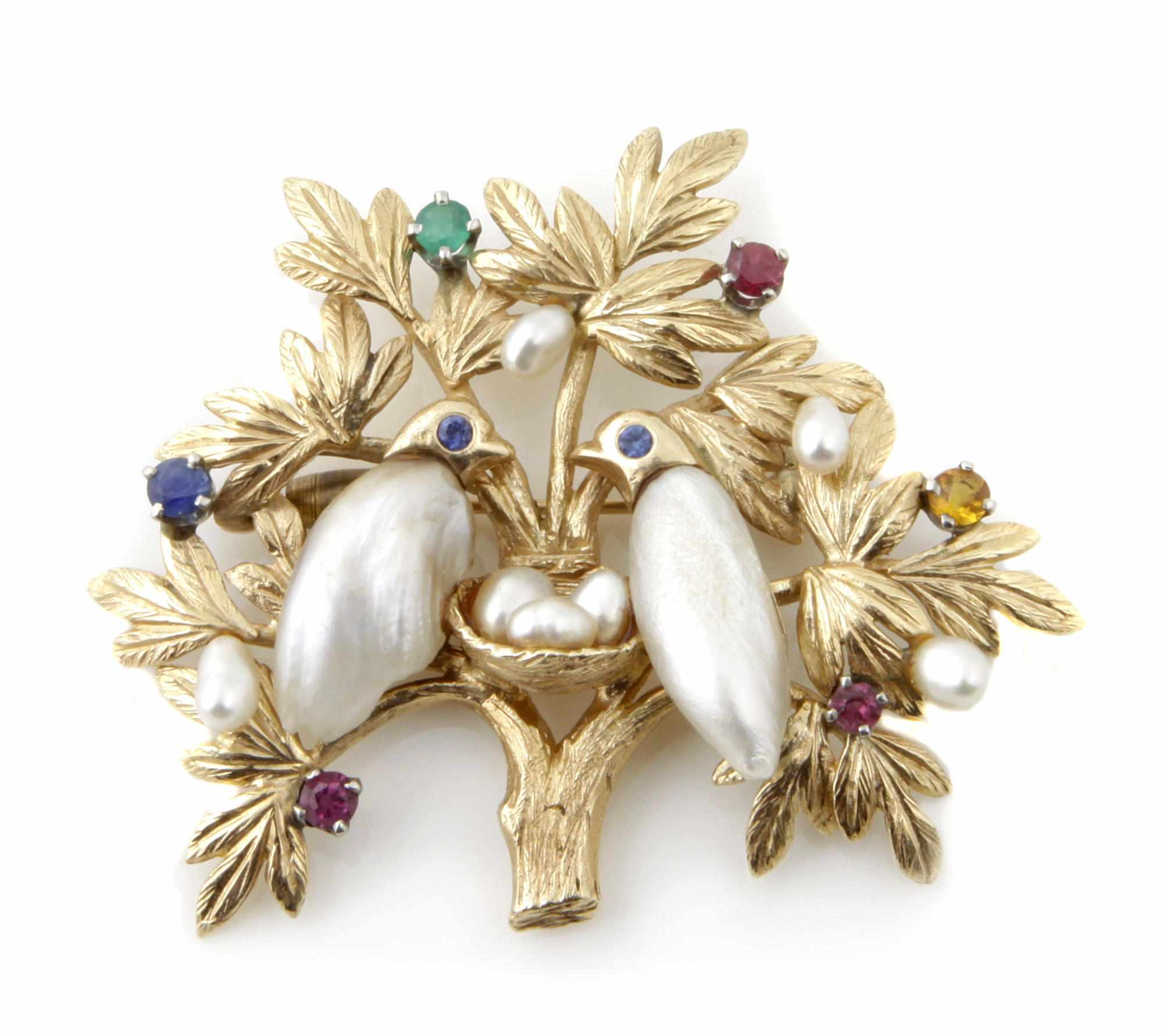 Appraisal: A cultured pearl gem-set and k gold bird motif brooch