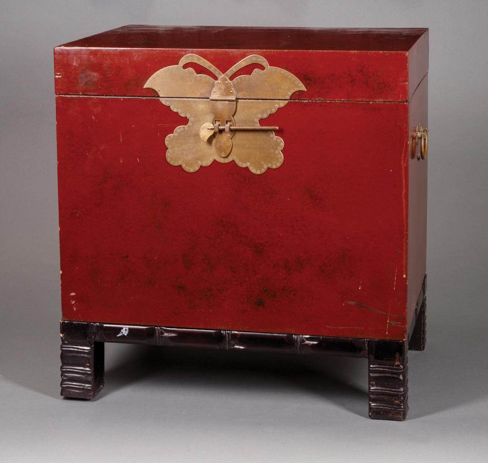 Appraisal: Modern Chinese Red Lacquer Trunk brass lock with moth-form escutcheon