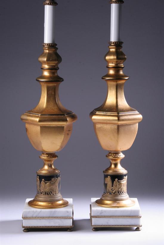 Appraisal: PAIR GILT-PAINTED URN-FORM TABLE LAMPS th century Decorated with Classical