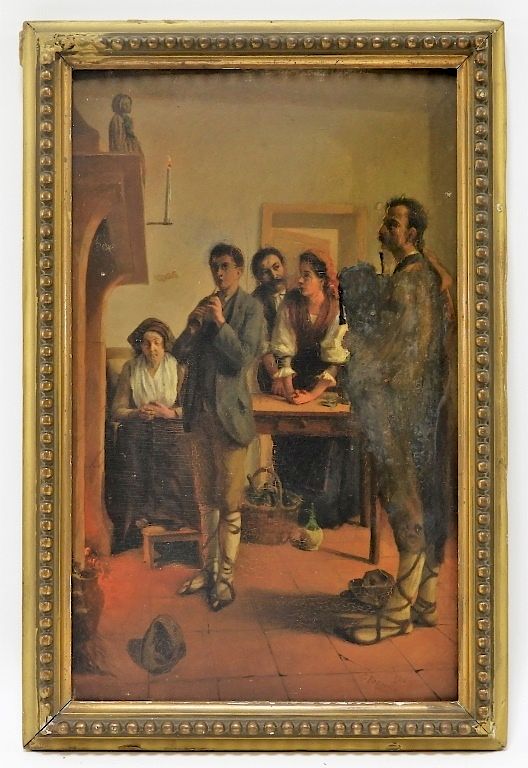 Appraisal: Italian Interior Fireplace Family Genre Painting Italy th Century Depicting