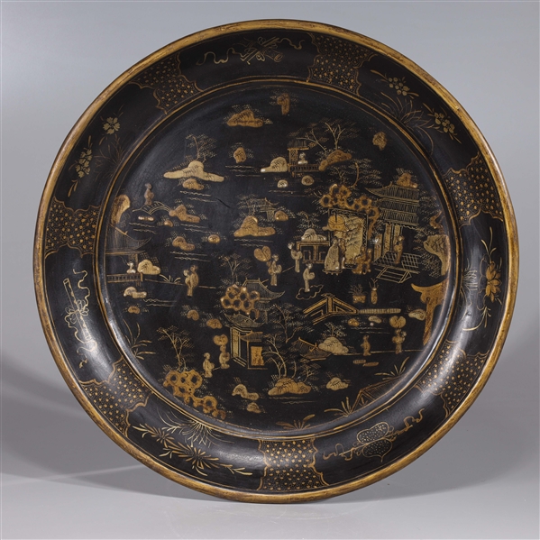 Appraisal: Large Chinese circular-form lacquered tray with numerous figures H x