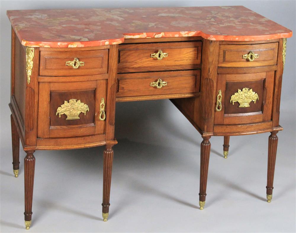 Appraisal: LOUIS XV STYLE OAK DRESSING TABLE WITH ROUGE MARBLE TOP