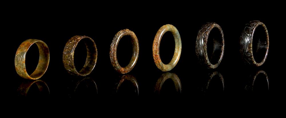 Appraisal: Six Chinese Jade Bangles Largest diam in cm Six Chinese