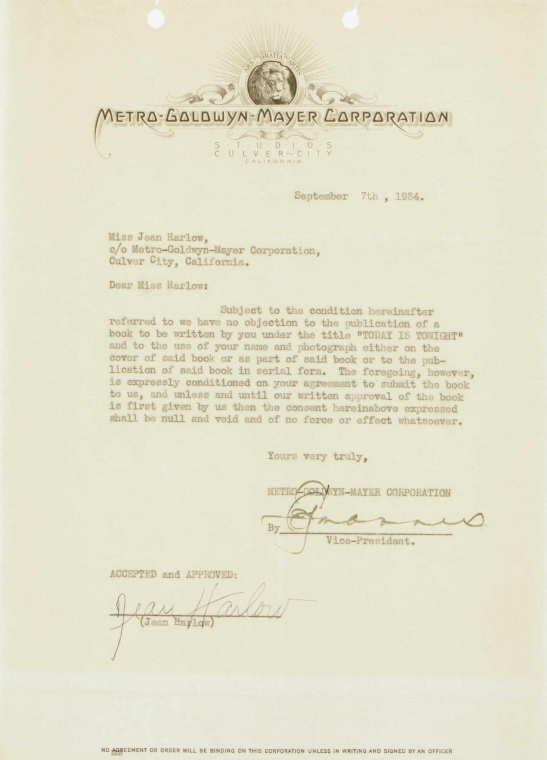 Appraisal: HARLOW JEAN - RARE HARLOW SIGNED DOCUMENT REGARDING HER SUPPRESSED