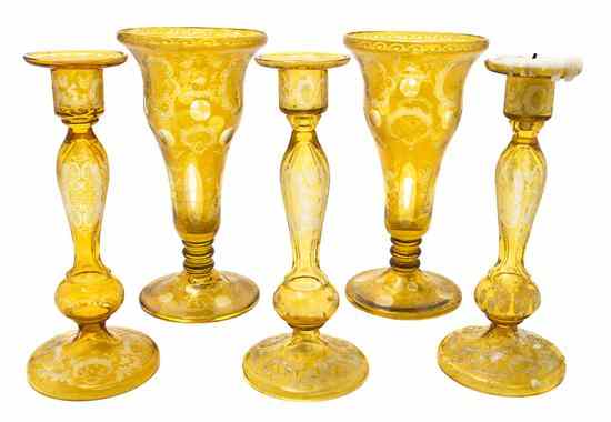 Appraisal: An Assembled Five-Piece Bohemian Garniture comprising two trumpet form vases