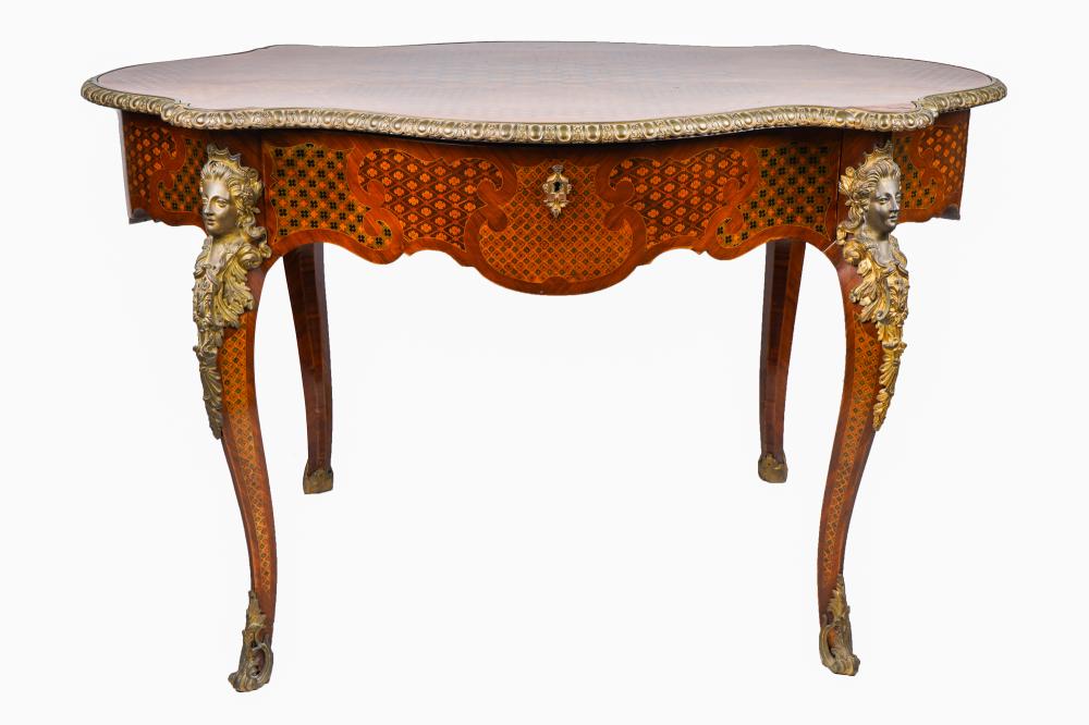 Appraisal: FRENCH ORMOLU-MOUNTED MARQUETRY-INLAID SALON TABLECondition with repair to one corner