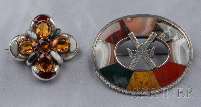 Appraisal: Two Victorian Silver and Scottish Agate Brooches one in the