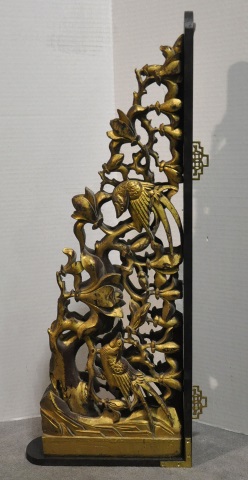 Appraisal: Decorative Hollow Carved Wooden CorbelGilded Oriental birds and flowers mounted