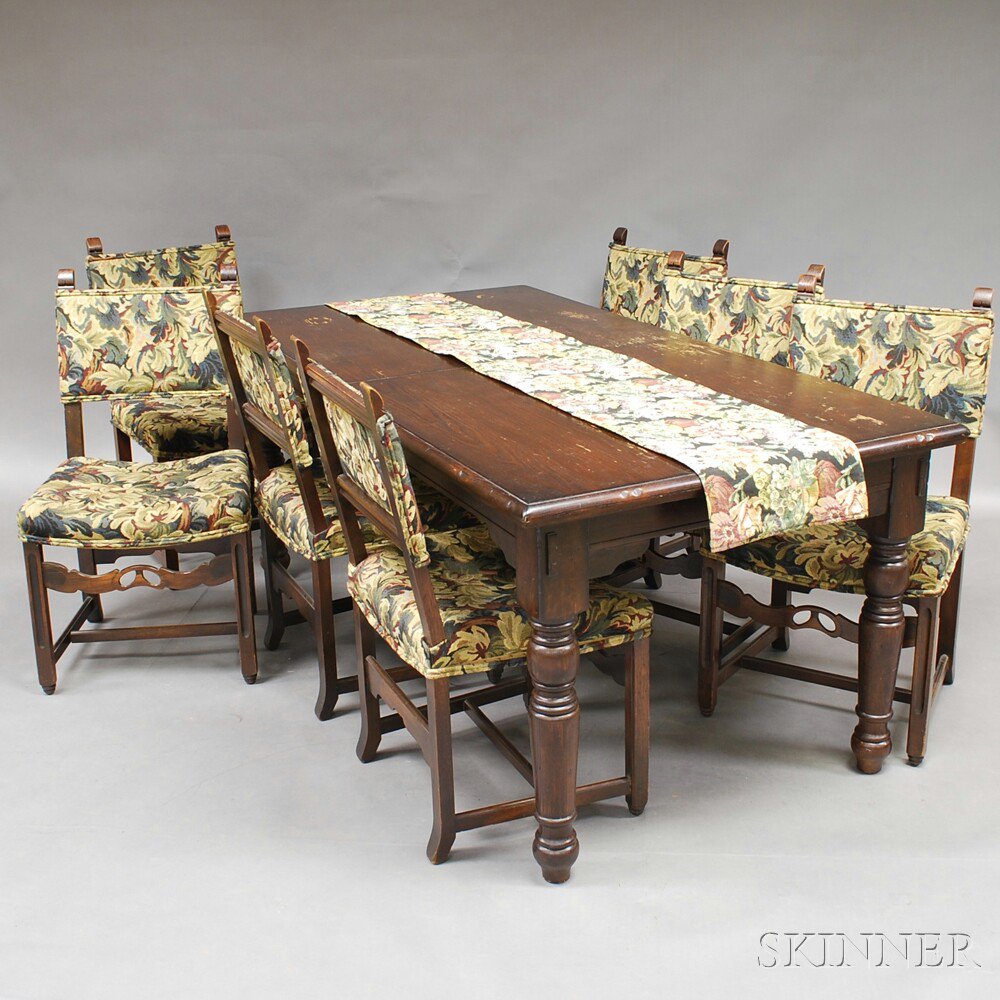 Appraisal: Jacobean-style Oak Table and Seven Chairs the chairs with floral