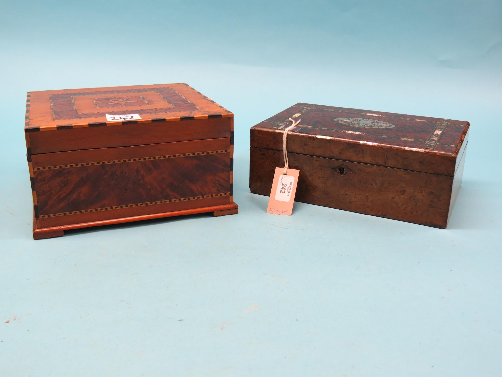 Appraisal: A Victorian burr yew work box with inlaid borders of