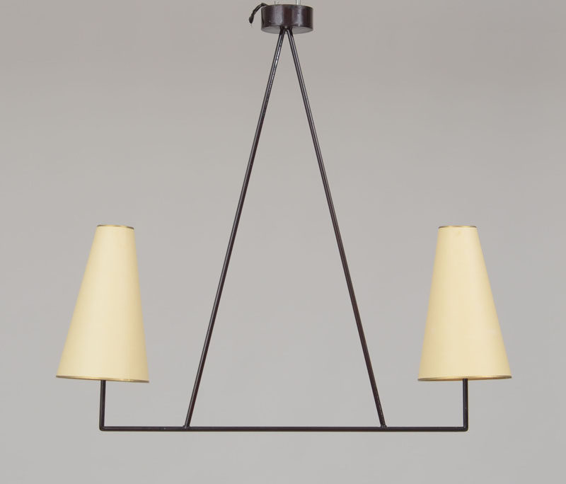 Appraisal: STYLE OF JEAN ROY RE TWO-LIGHT HANGING FIXTURE Black painted