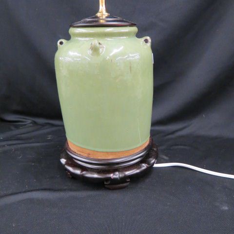 Appraisal: Chinese Pottery Lamp green glaze four ring handles body