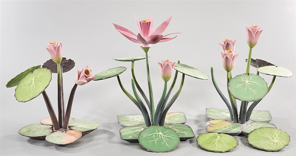 Appraisal: Three Chinese painted wood lotus plant sculptures interchangeable parts x