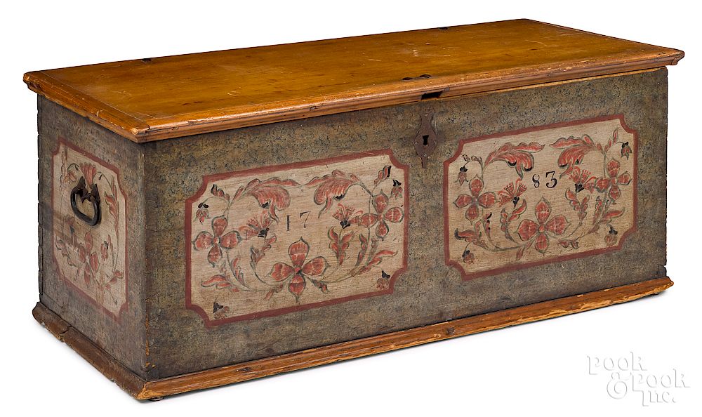 Appraisal: Pennsylvania painted pine dower chest Exclusive on Bidsquare Pennsylvania painted