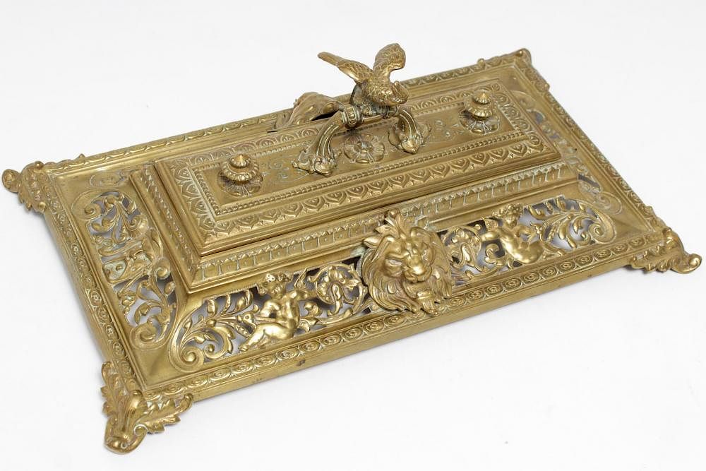 Appraisal: French Ornate Brass Inkstand Rococo-Manner Brass Rococo-style inkstand or double