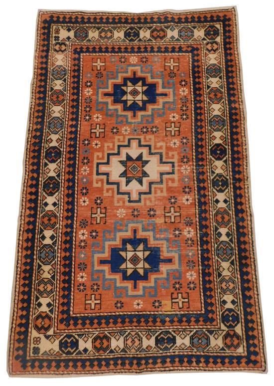 Appraisal: RUG Antique Caucasian Kazak scatter rug three stepped diamond medallions