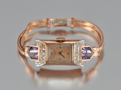 Appraisal: A Ladies' Art Deco Rose Gold and Amethyst Watch by