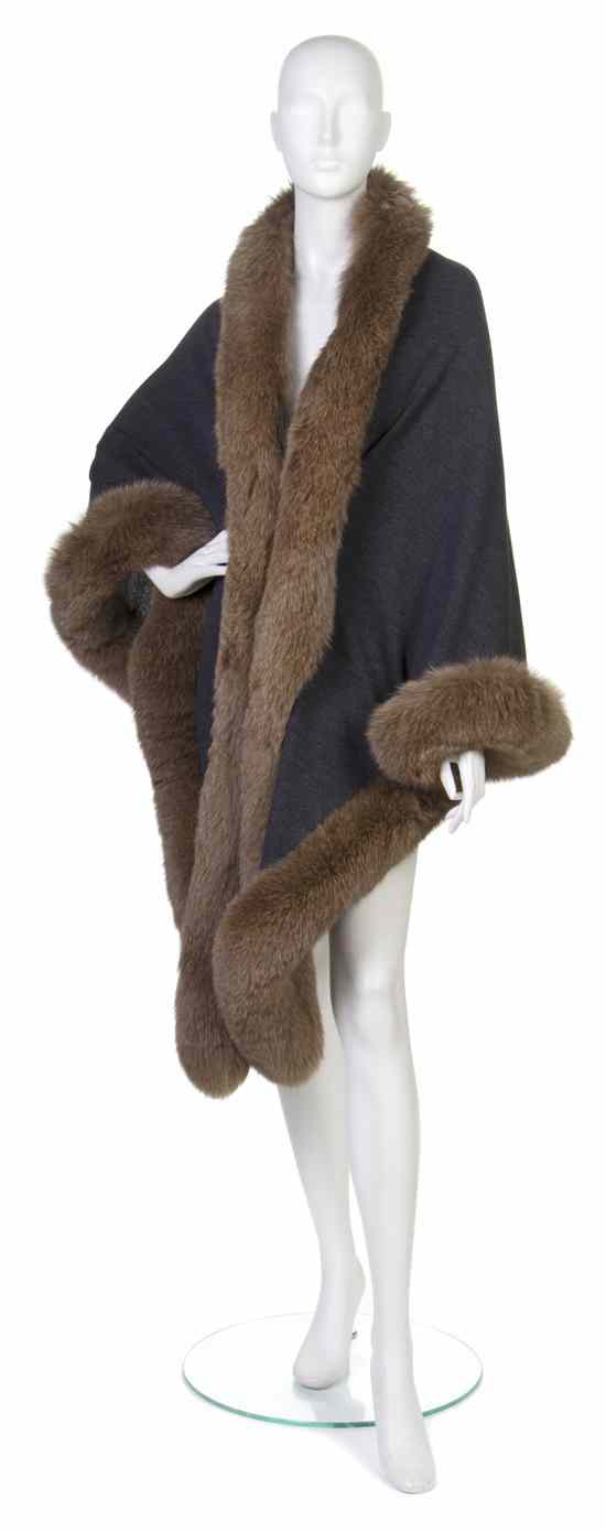 Appraisal: A Caroline Roehm Dark Gray Wrap brown fur trim Labeled