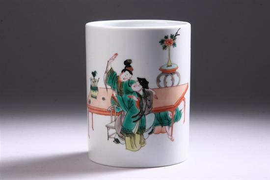 Appraisal: CHINESE FAMILLE VERTE PORCELAIN BRUSH JAR th century Of cylindrical-form