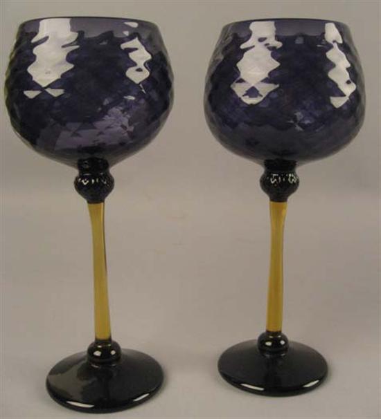 Appraisal: Two Purple Wine Glasses with Amber Stems Illegibly signed H