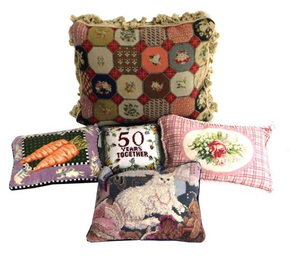 Appraisal: Needlepoint pillows five pillows and fragment animal and flower themed