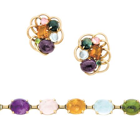 Appraisal: Gold Amethyst Tourmaline Peridot and Aquamarine Bracelet and Pair of