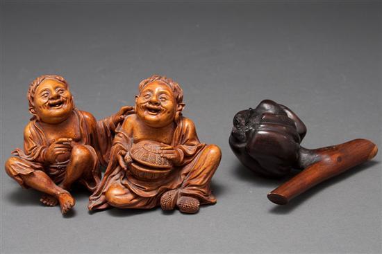 Appraisal: Chinese carved wood deities figural group and Japanese carved wood