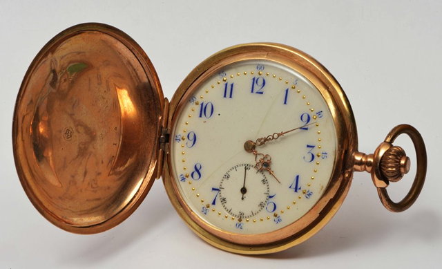 Appraisal: A K GOLD HUNTER POCKET WATCH with enamel dial and