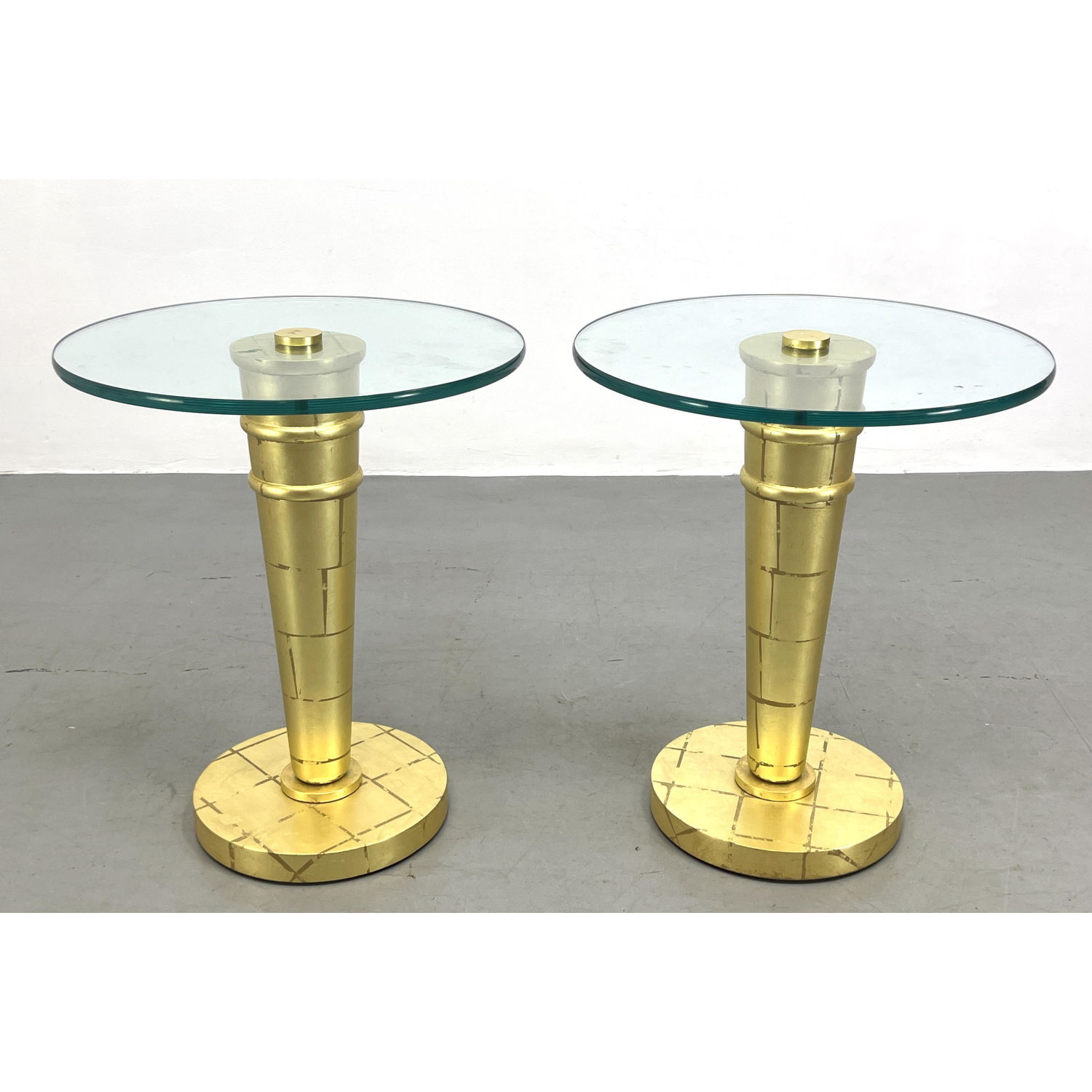 Appraisal: Pair Decorator Gold Leaf Style Side Tables Thick Glass Tops