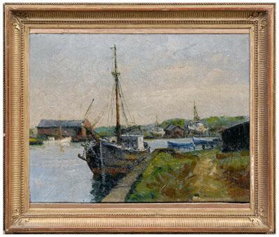 Appraisal: New England harbor painting inscription on stretcher quot Gloucester Harbor