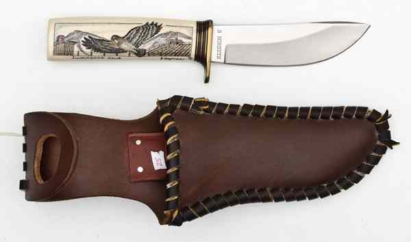 Appraisal: Custom Sheath Knife by S Morseth Ivory scrimshaw handle ''