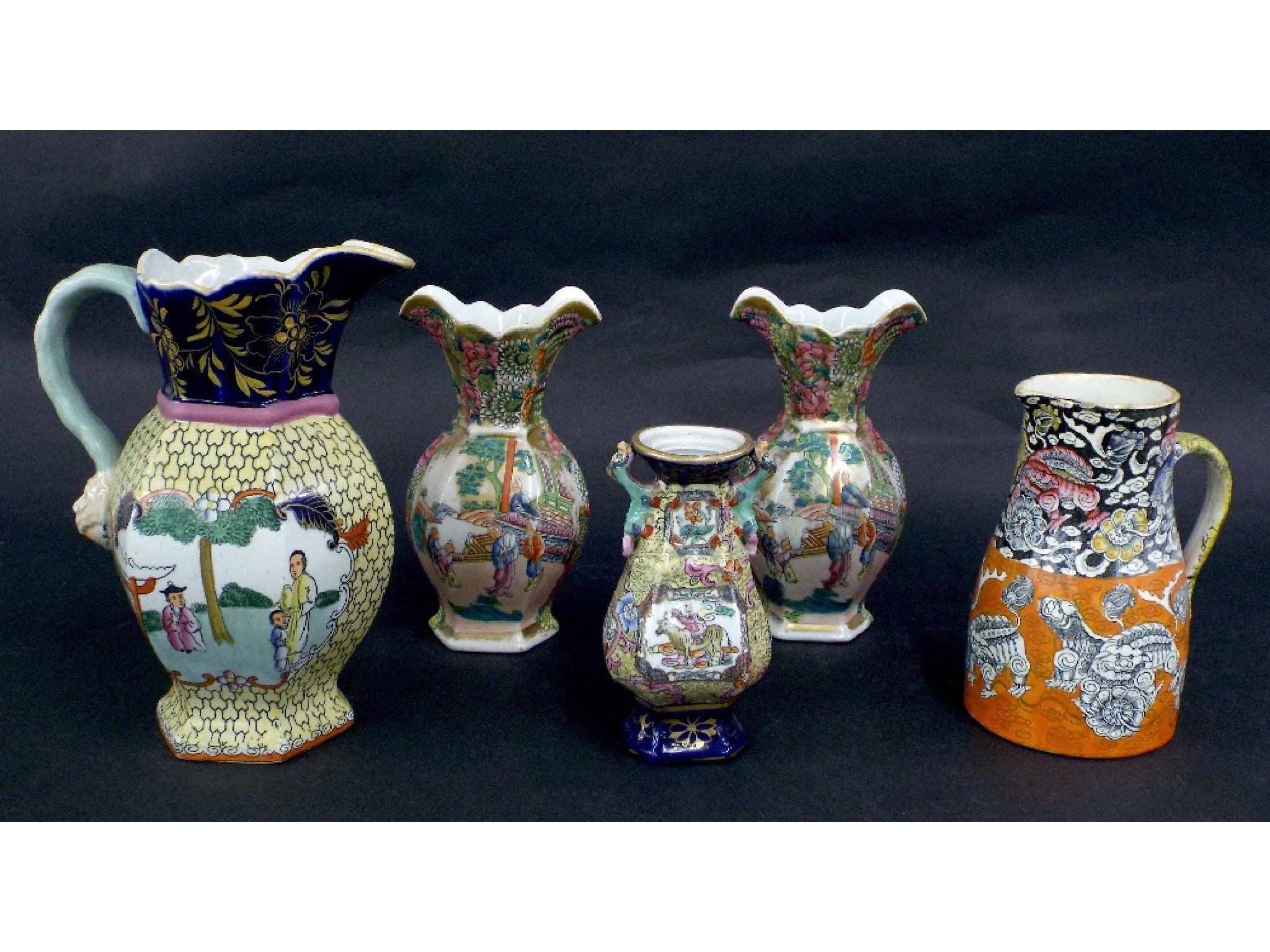 Appraisal: Five various Masons Ironstone chinoiserie vases and jugs to include