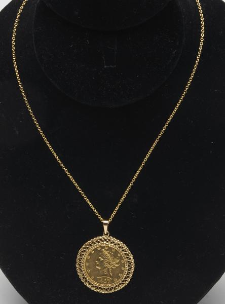 Appraisal: GOLD COIN PENDANT ON CHAIN Liberty fancy numismatic mount chain