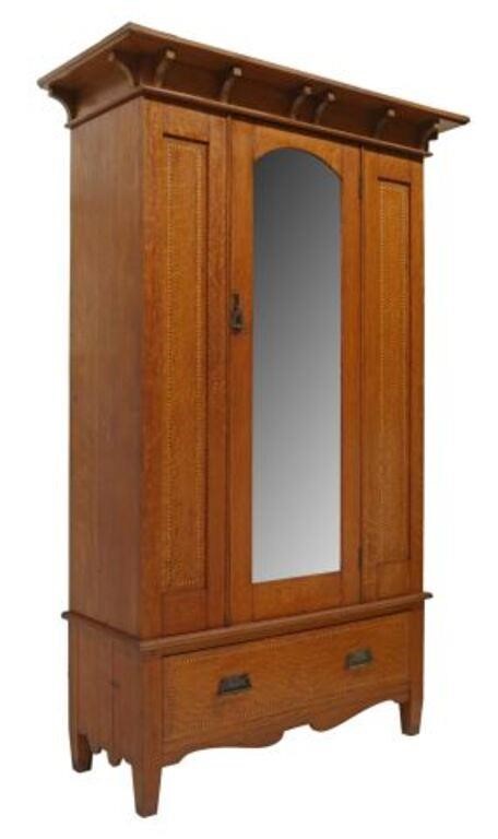 Appraisal: English Arts Crafts quarter sawn oak hall cupboard armoire c