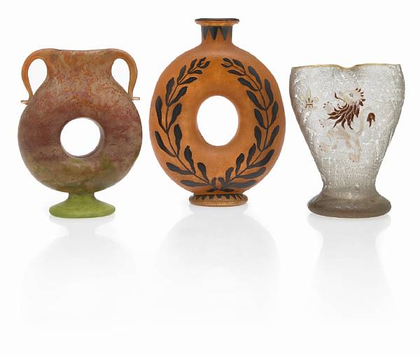 Appraisal: Three Daum enameled or mottled glass vases circa comprising a