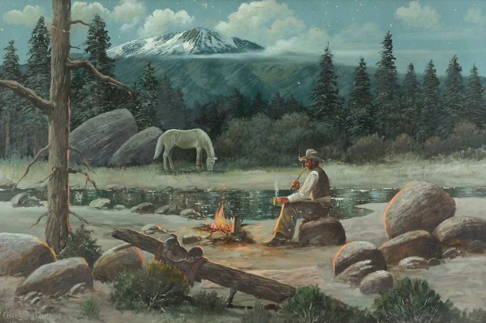 Appraisal: DAMROW Charles American - ''Cowboy Campfire'' Oil on Masonite ''