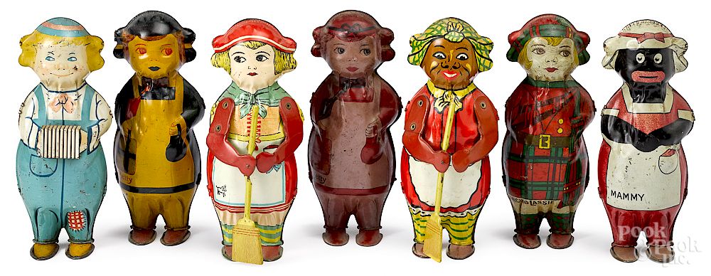 Appraisal: Seven Lindstrom tin lithograph wind-up wobblers Seven Lindstrom tin lithograph