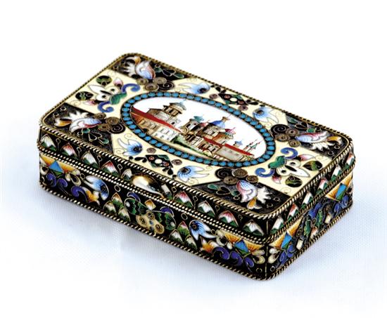 Appraisal: Russian pictorial enameled vermeil box circa hinged gold case adorned