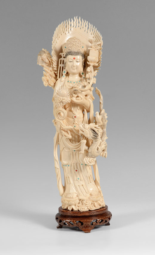 Appraisal: LARGE CHINESE CARVED IVORY GUAN YIN FIGURE Finely detailed carving