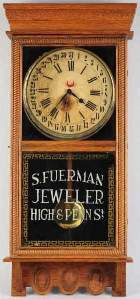 Appraisal: S Fuerman Jeweler Calendar Clock Reverse on glass in oak