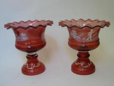 Appraisal: A PAIR OF CRANBERRY GLASS PEDESTAL BOWLS early th century