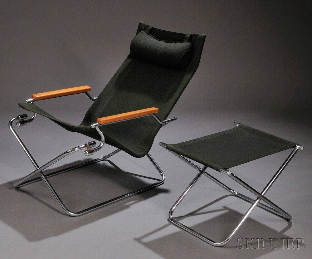 Appraisal: Uchida Chrome Wood and Canvas Folding Z Chair and Footstool