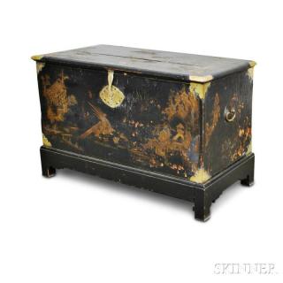 Appraisal: Chinese Export Lacquered Chest th century the brass-mounted facade depicting