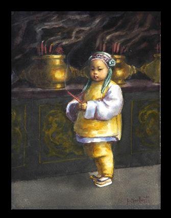 Appraisal: ESTHER ANNA HUNT - CHILD WITH JOSS STICK Watercolor on