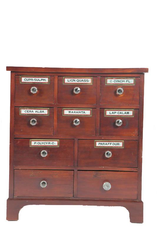 Appraisal: TEN DRAWER APOTHECARY CABINET Mahogany with glass pulls and glass